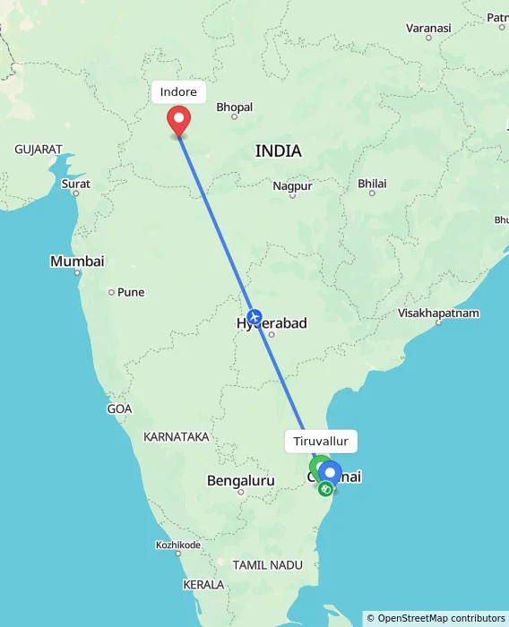 Route map showing distance and travel time from Tiruvallur, India to Indore, India