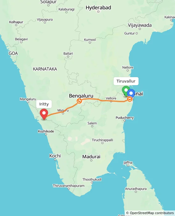Route map showing distance and travel time from Tiruvallur, India to Iritty, India