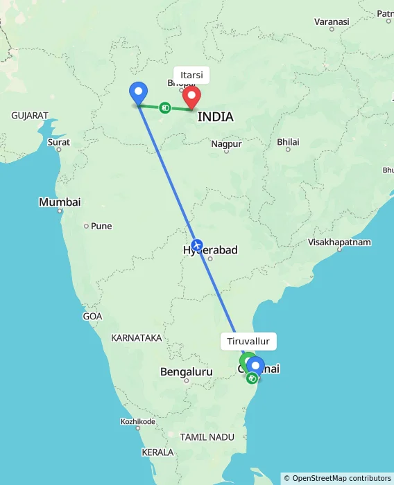 Route map showing distance and travel time from Tiruvallur, India to Itarsi, India