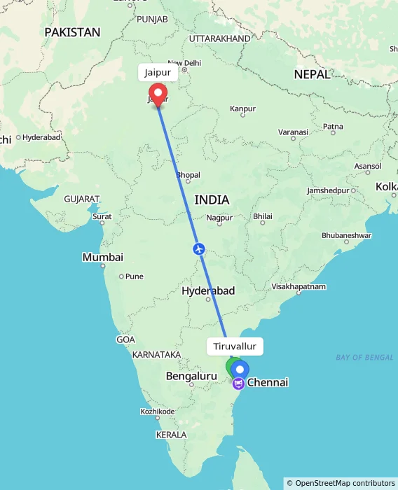 Route map showing distance and travel time from Tiruvallur, India to Jaipur, India