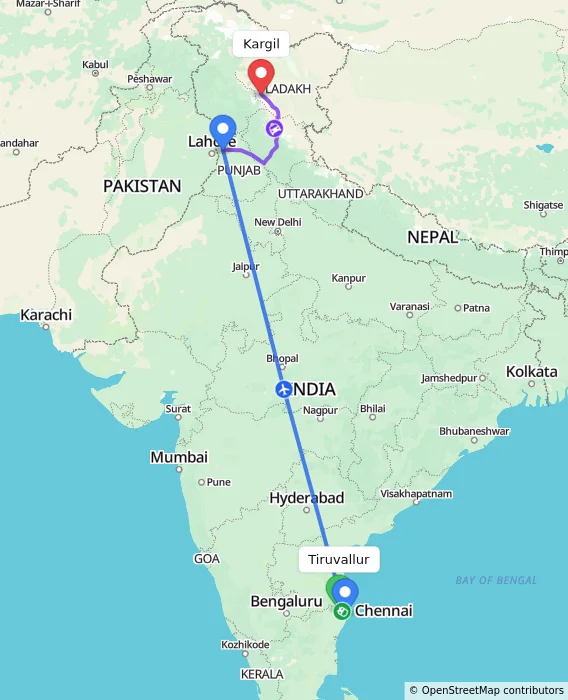 Route map showing distance and travel time from Tiruvallur, India to Kargil, India