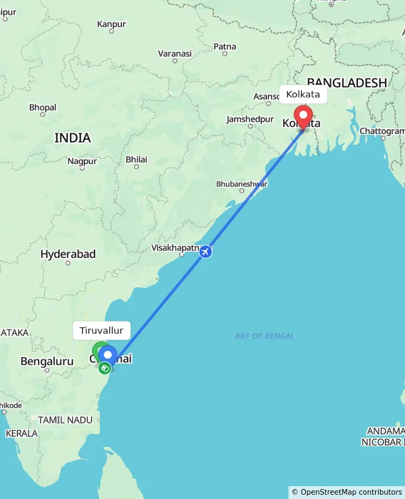 Route map showing distance and travel time from Tiruvallur, India to Kolkata, India