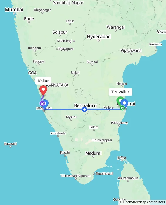 Route map showing distance and travel time from Tiruvallur, India to Kollur, India
