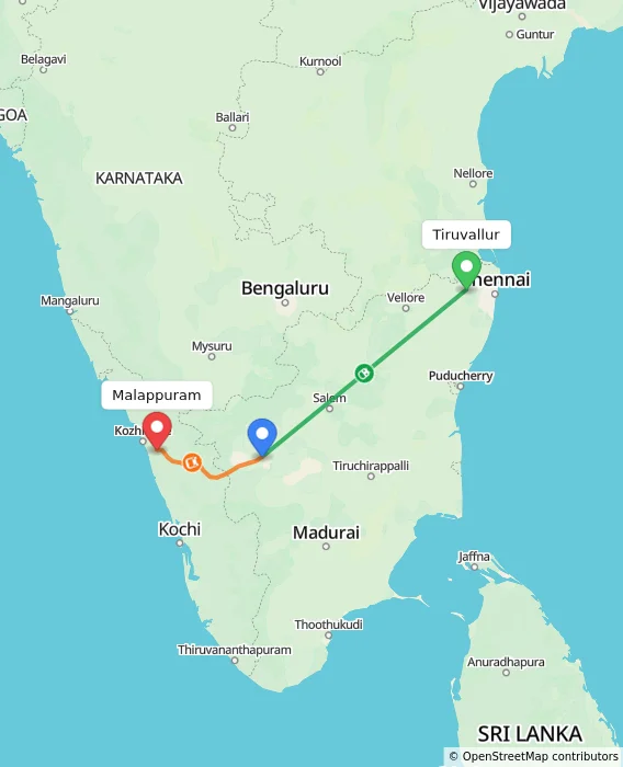 Route map showing distance and travel time from Tiruvallur, India to Malappuram, India