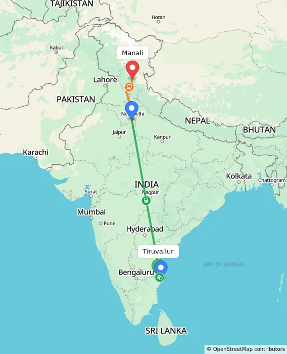 Route map showing distance and travel time from Tiruvallur, India to Manali, India