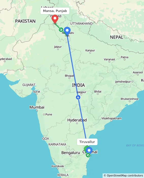 Route map showing distance and travel time from Tiruvallur, India to Mansa, Punjab, India