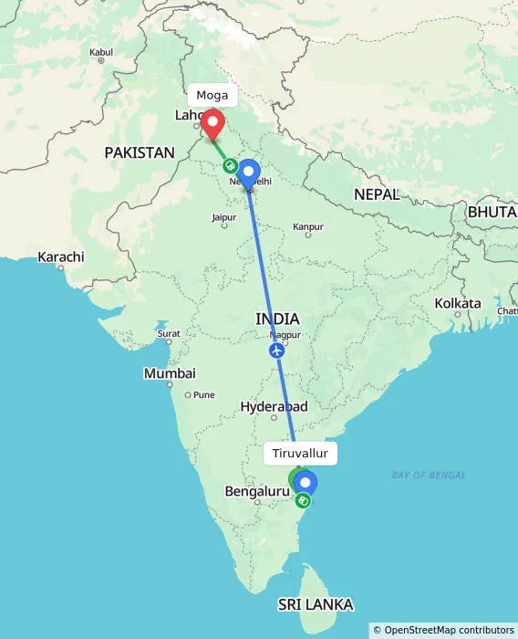 Route map showing distance and travel time from Tiruvallur, India to Moga, India