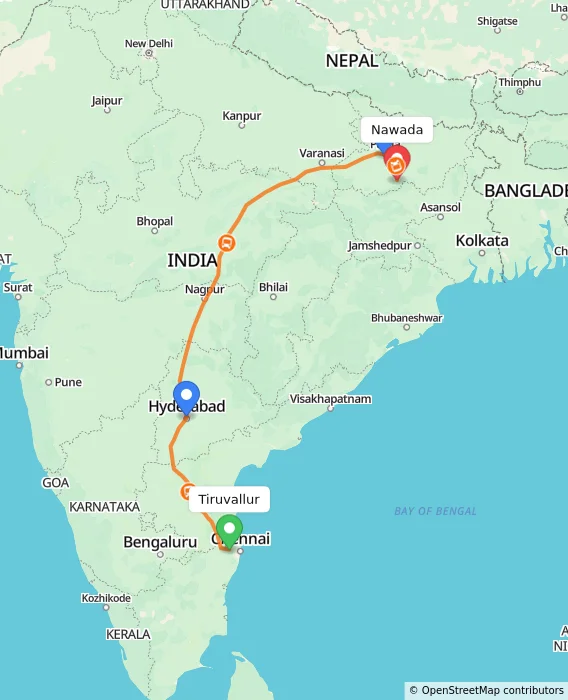 Route map showing distance and travel time from Tiruvallur, India to Nawada, India