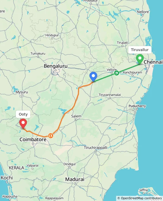 Route map showing distance and travel time from Tiruvallur, India to Ooty, India