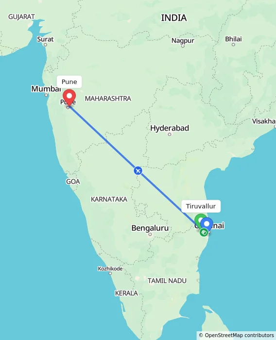 Route map showing distance and travel time from Tiruvallur, India to Pune, India