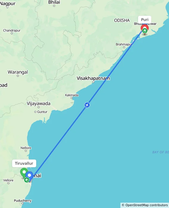 Route map showing distance and travel time from Tiruvallur, India to Puri, India