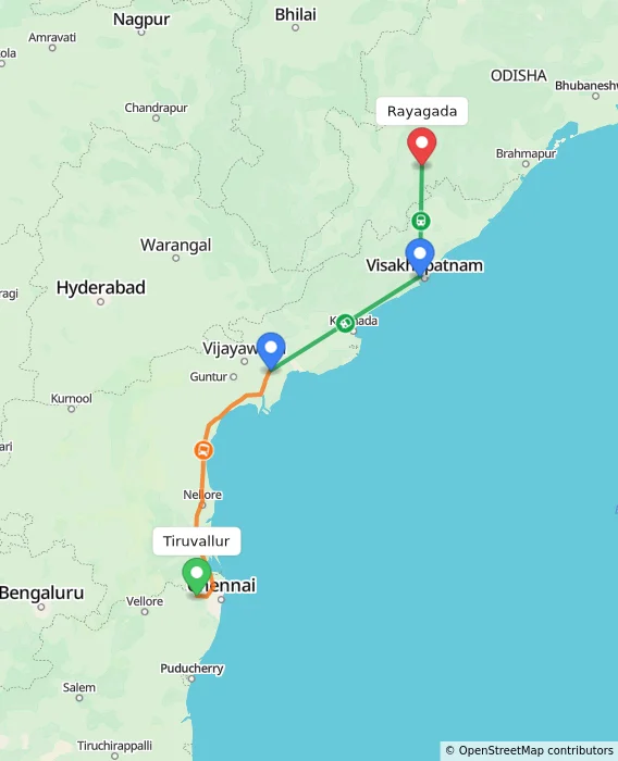Route map showing distance and travel time from Tiruvallur, India to Rayagada, India