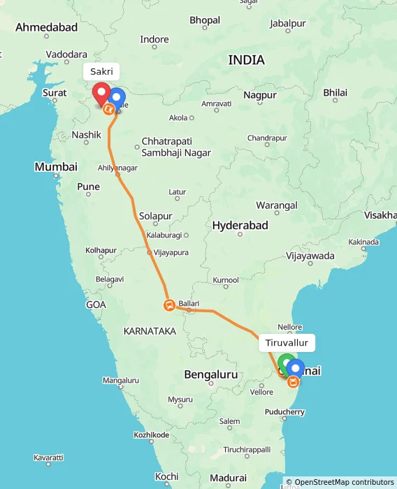 Route map showing distance and travel time from Tiruvallur, India to Sakri, India
