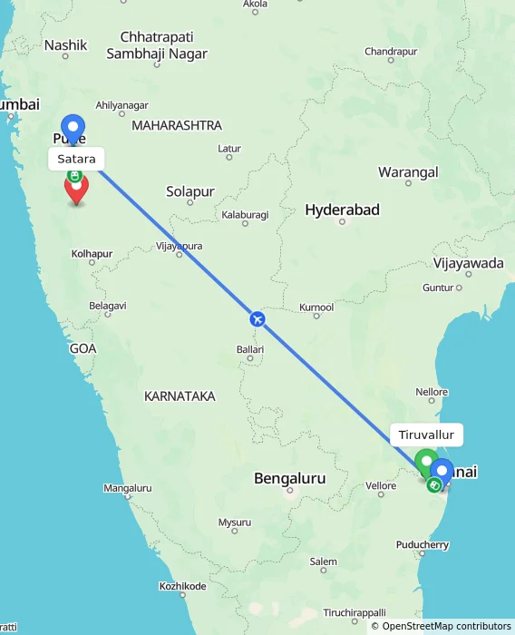 Route map showing distance and travel time from Tiruvallur, India to Satara, India
