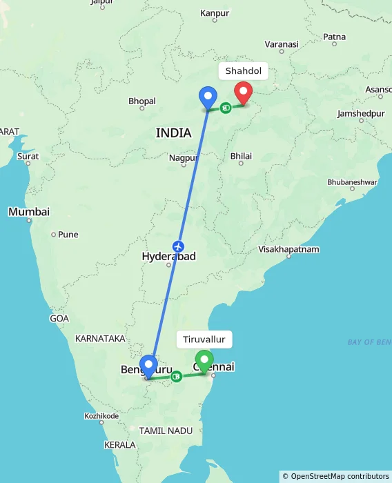 Route map showing distance and travel time from Tiruvallur, India to Shahdol, India