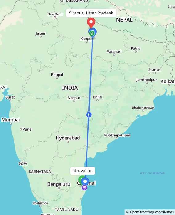 Route map showing distance and travel time from Tiruvallur, India to Sitapur, Uttar Pradesh, India
