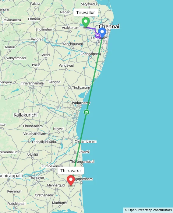 Route map showing distance and travel time from Tiruvallur, India to Thiruvarur, India