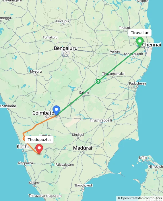 Route map showing distance and travel time from Tiruvallur, India to Thodupuzha, India