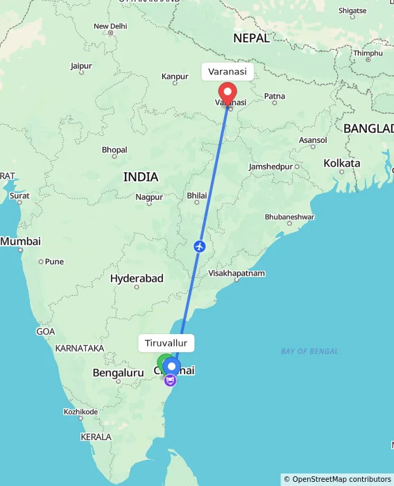 Route map showing distance and travel time from Tiruvallur, India to Varanasi, India