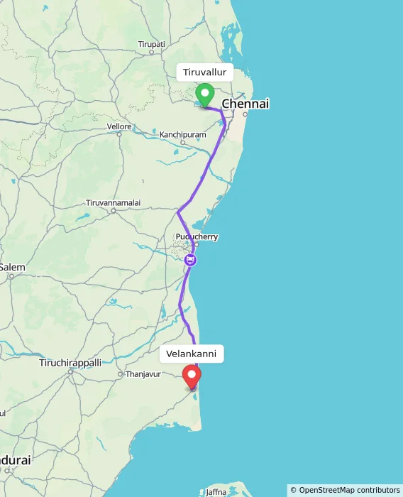 Route map showing distance and travel time from Tiruvallur, India to Velankanni, India