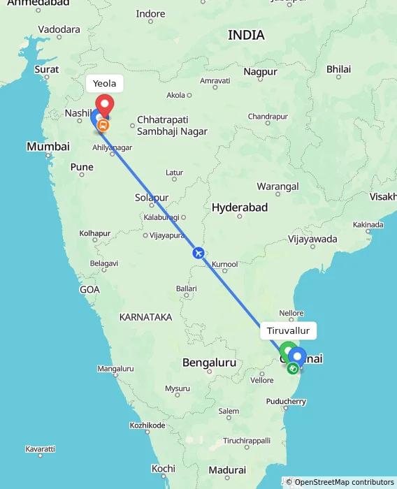 Route map showing distance and travel time from Tiruvallur, India to Yeola, India