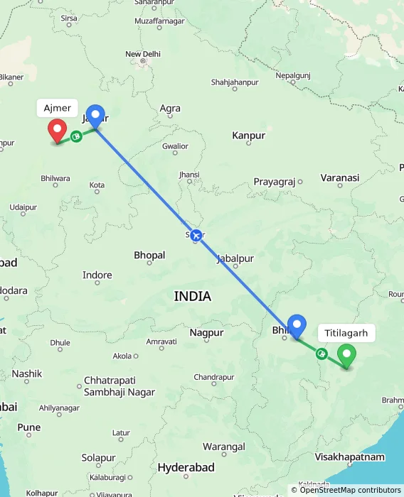 Route map showing distance and travel time from Titilagarh, India to Ajmer, India