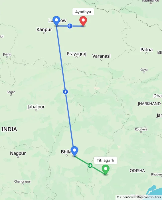 Route map showing distance and travel time from Titilagarh, India to Ayodhya, India
