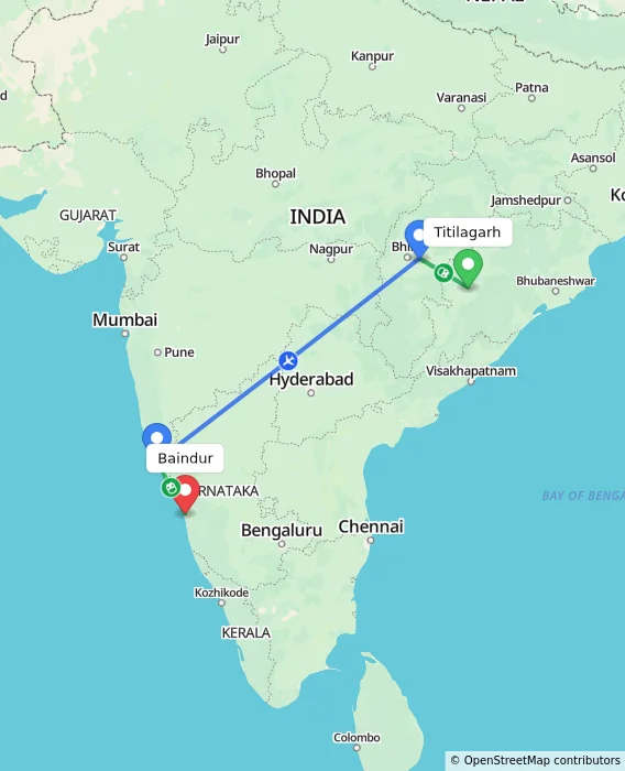 Route map showing distance and travel time from Titilagarh, India to Baindur, India