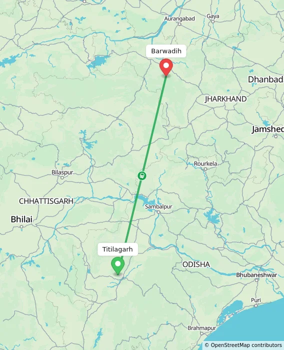 Route map showing distance and travel time from Titilagarh, India to Barwadih, India