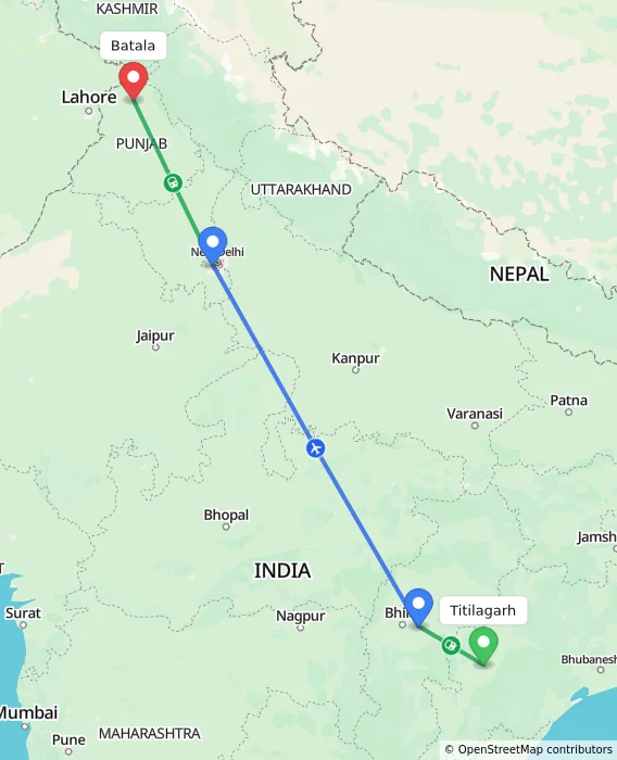 Route map showing distance and travel time from Titilagarh, India to Batala, India
