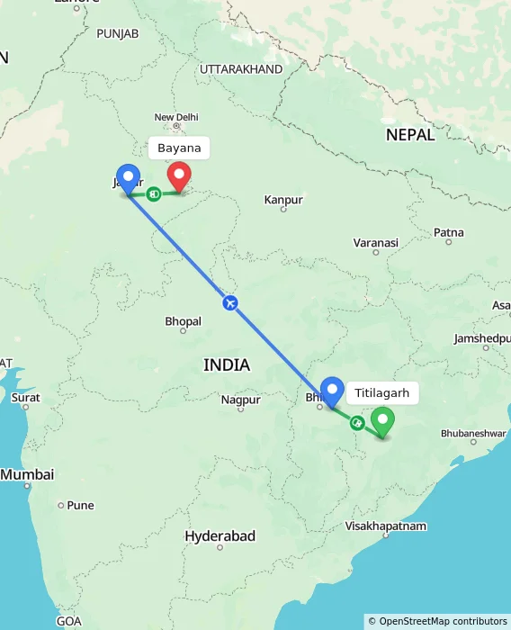 Route map showing distance and travel time from Titilagarh, India to Bayana, India