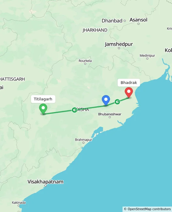 Route map showing distance and travel time from Titilagarh, India to Bhadrak, India