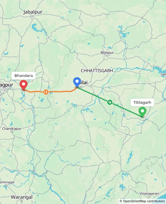 Route map showing distance and travel time from Titilagarh, India to Bhandara, India