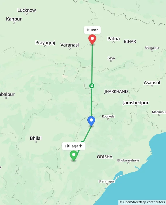 Route map showing distance and travel time from Titilagarh, India to Buxar, India