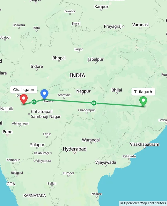 Route map showing distance and travel time from Titilagarh, India to Chalisgaon, India