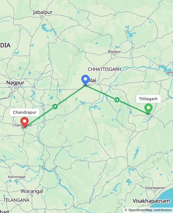 Route map showing distance and travel time from Titilagarh, India to Chandrapur, India