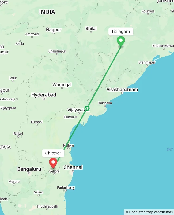 Route map showing distance and travel time from Titilagarh, India to Chittoor, India
