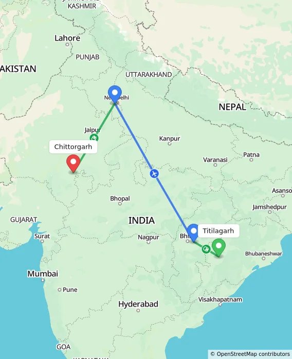 Route map showing distance and travel time from Titilagarh, India to Chittorgarh, India