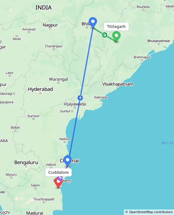 Route map showing distance and travel time from Titilagarh, India to Cuddalore, India