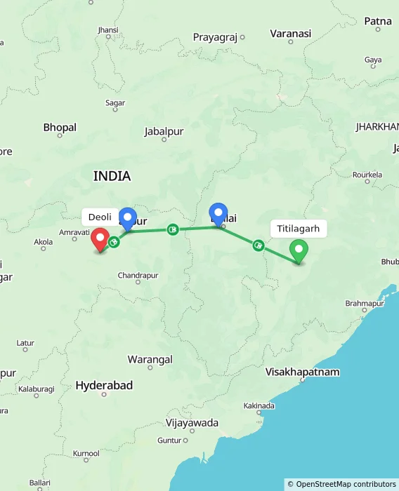 Route map showing distance and travel time from Titilagarh, India to Deoli, India