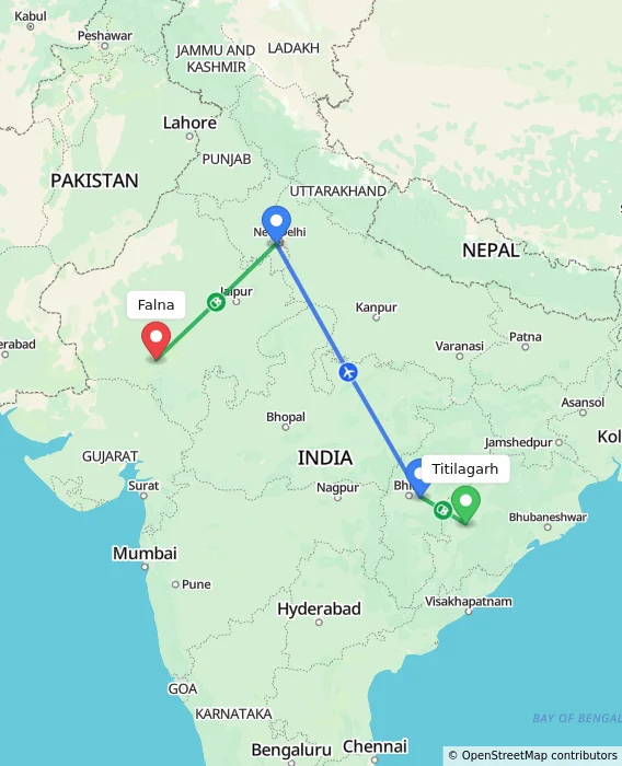 Route map showing distance and travel time from Titilagarh, India to Falna, India