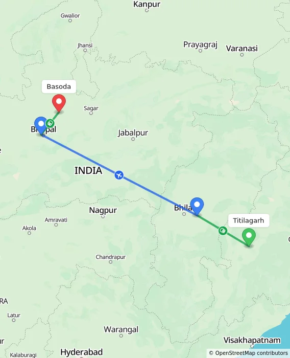 Route map showing distance and travel time from Titilagarh, India to Basoda, India