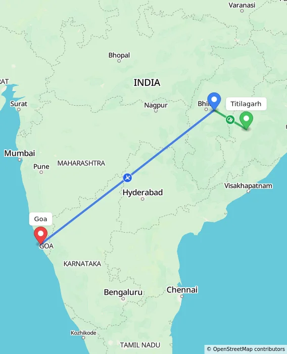 Route map showing distance and travel time from Titilagarh, India to Goa, India