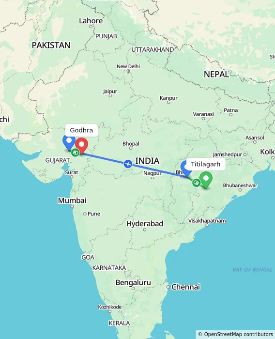 Route map showing distance and travel time from Titilagarh, India to Godhra, India