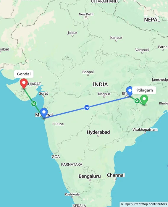 Route map showing distance and travel time from Titilagarh, India to Gondal, India