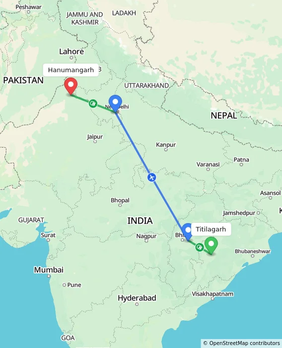 Route map showing distance and travel time from Titilagarh, India to Hanumangarh, India