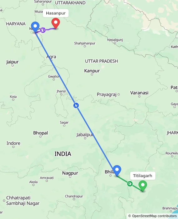Route map showing distance and travel time from Titilagarh, India to Hasanpur, India
