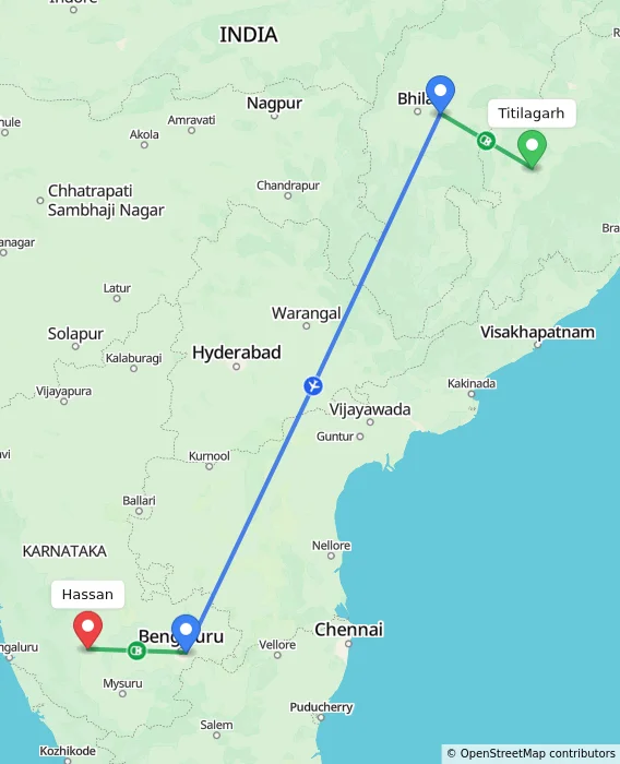 Route map showing distance and travel time from Titilagarh, India to Hassan, India