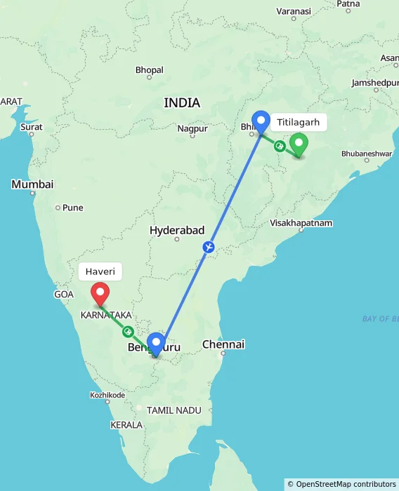 Route map showing distance and travel time from Titilagarh, India to Haveri, India