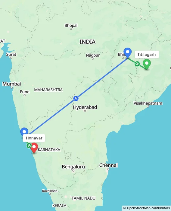 Route map showing distance and travel time from Titilagarh, India to Honavar, India
